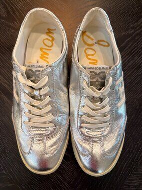 Sam Edelman Ivey Sneaker Womens Metallic Silver Leather Sneakers Size 8M Casual